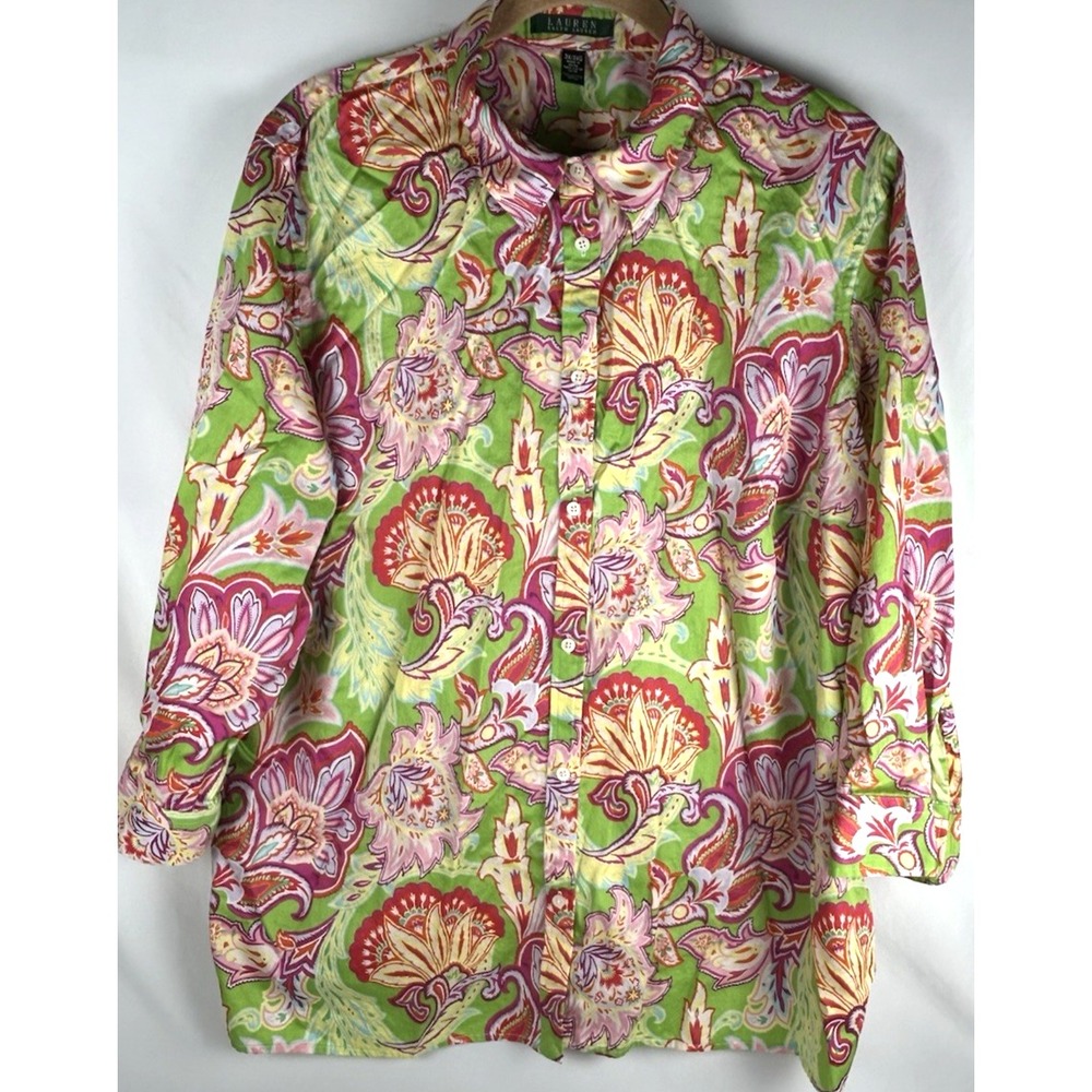 Lauren Ralph Lauren Paisley Floral Print 3/4 Sleeve Button Blouse Womens Plus 3X